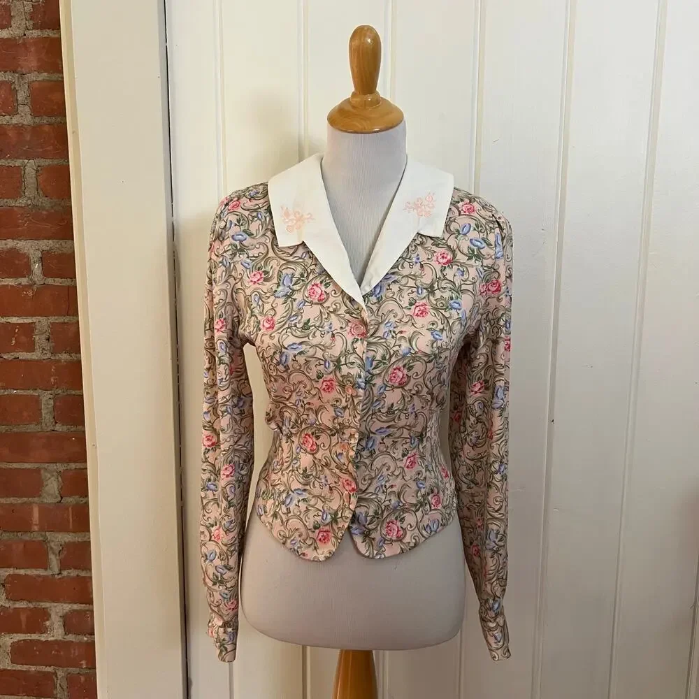 Vintage 90s Susan Bristol Floral Rayon Matching Skirt Blouse Set Pink USA 8